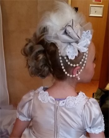 Flower girl hair and makeup www.yourweddinghairandmakeup.co.uk using a hair piece 07956 482248 and fascinator by www.irresistibleheaddresses.com