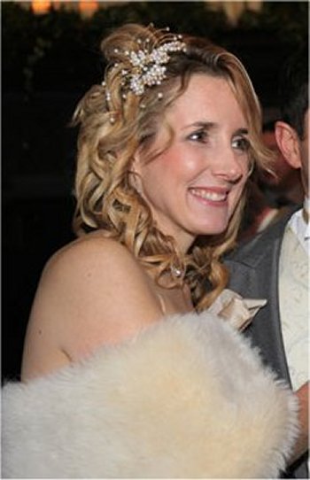 Bridal hair and makeup - curly hair down style (pearl and crystal comb by www.irresistibleheaddresses.com) 01403 871449