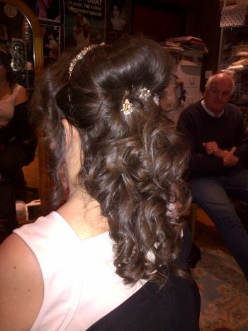 Long curly wedding hair style with swarovsky crystal and pearl  grips