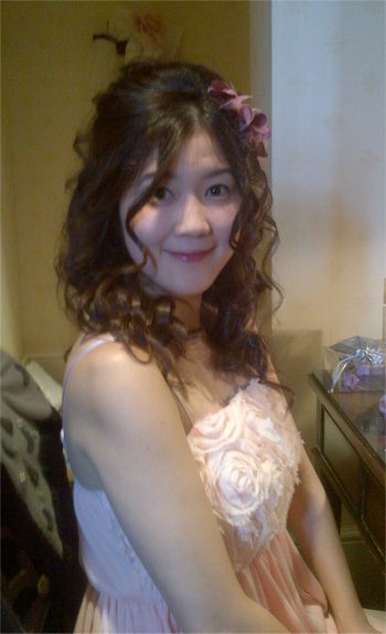 Japanese bridesmaid wedding hair style long curly hair  and makeup- wedding hair accessory by (www.irresistibleheaddresses.com 01403 871449)